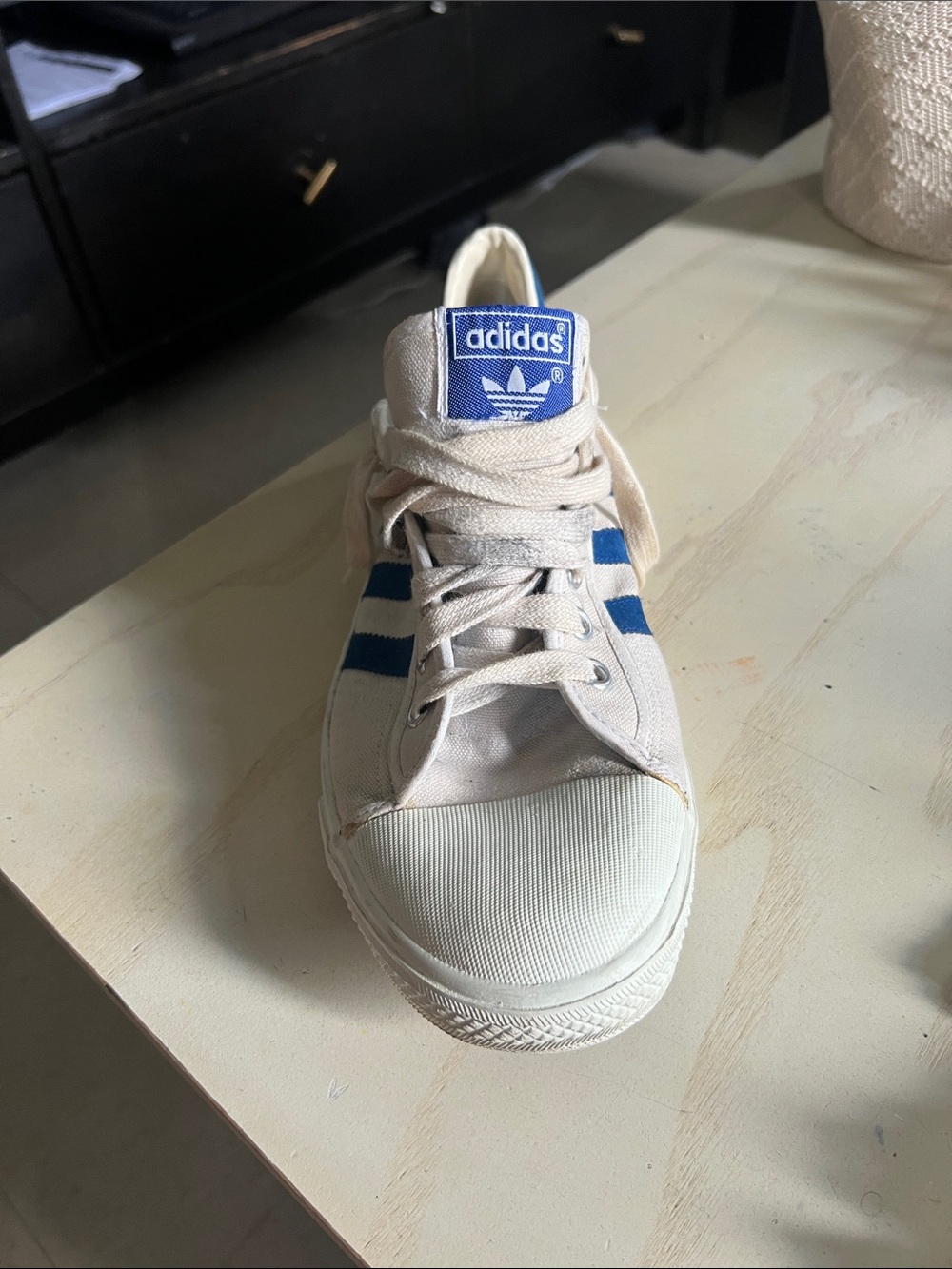 adidas Kids Cream Canvas Sneakers with Blue Stripes and Logo